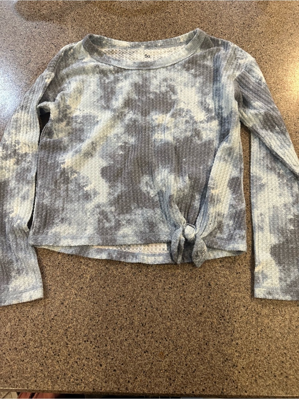 SO Blue and Gray Tie-Dye Ribbed Long Sleeve Top with Front Knot